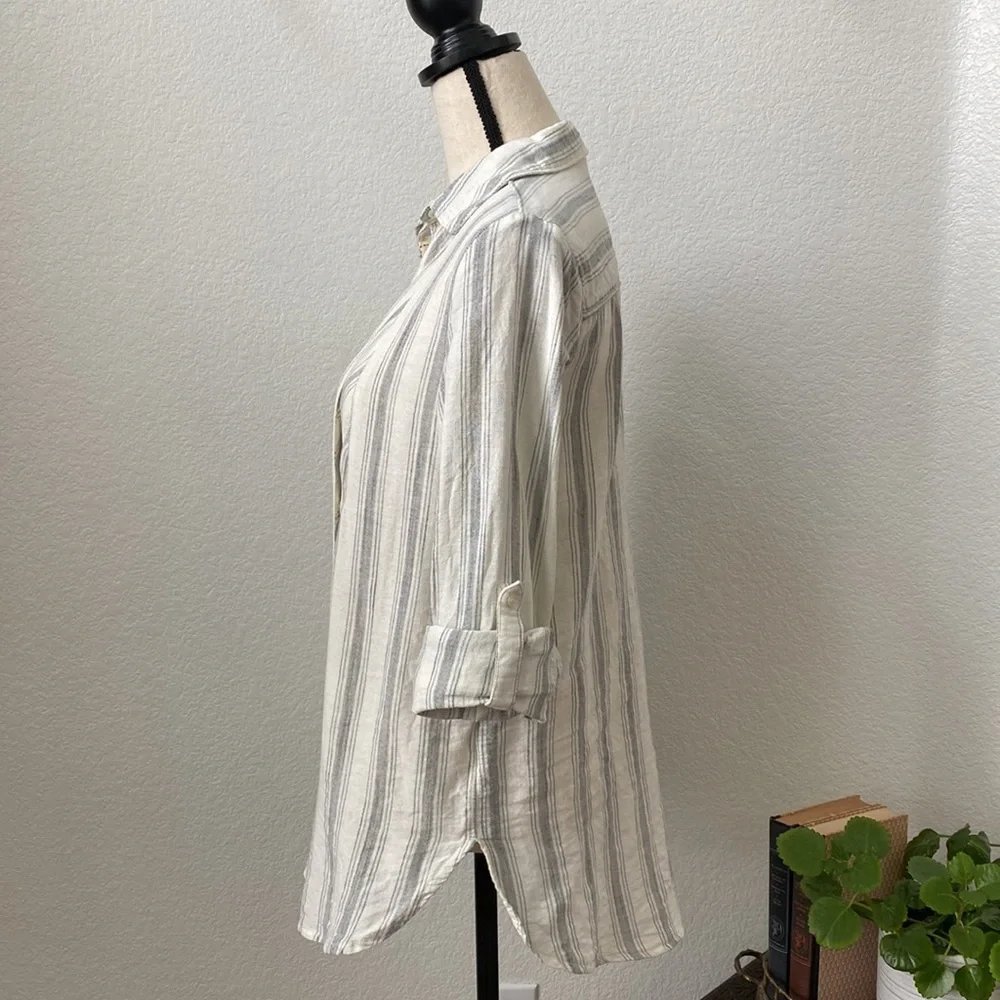 Anthropologie Lilka Winddrift Button Up Gray Striped Relaxed Roll Tab Shirt - Picture 5 of 7